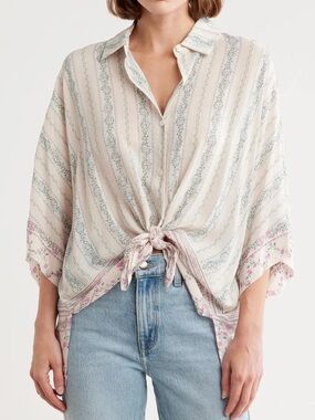 Parker Tie Front Boho Blouse Blue Floral Stripe Kimono Sleeve Top Size L